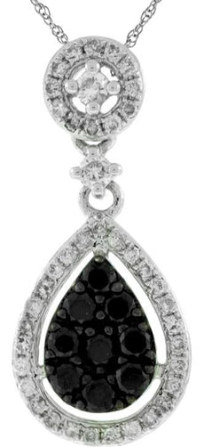 .46CT WHITE & BLACK DIAMOND 14KT WHITE GOLD CLUSTER TEAR DROP FLOATING PENDANT