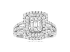 .90CT DIAMOND 14KT WHITE GOLD 3D ROUND BAGUETTE & PRINCESS CLUSTER HALO FUN RING