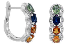 2.09CT DIAMOND & AAA MULTI COLOR SAPPHIRE 14KT WHITE GOLD OVAL & ROUND EARRINGS