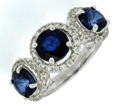 4.30CT DIAMOND & AAA SAPPHIRE 14KT WHITE GOLD 3D 3 STONE HALO ANNIVERSARY RING