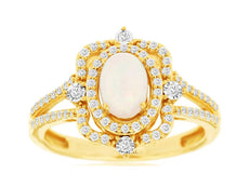 .83CT DIAMOND & AAA OPAL 14KT YELLOW GOLD 3D OVAL & ROUND HALO FLOWER FUN RING