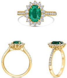 1.86CT DIAMOND & AAA EMERALD 18K YELLOW GOLD OVAL & ROUND FLOWER ENGAGEMENT RING