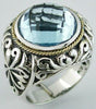 LARGE 13.0CT AAA BLUE TOPAZ 14KT YELLOW GOLD & 925 SILVER 3D ROUND FILIGREE RING