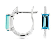 1.58CT DIAMOND & AAA BLUE TOPAZ 14KT WHITE GOLD 3D EMERALD CUT HANGING EARRINGS