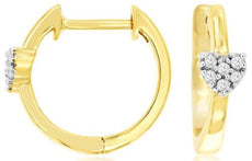 .07CT DIAMOND 14KT YELLOW GOLD 3D PAVE HEART SHAPE HUGGIE HOOP HANGING EARRINGS