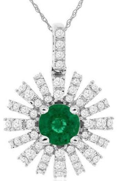 .78CT DIAMOND & AAA EMERALD 14KT WHITE GOLD FLOWER SUNBURST FUN FLOATING PENDANT