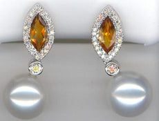 1.02CT DIAMOND & AAA SOUTH SEA PEARL & CITRINE 14KT WHITE GOLD CLASSIC EARRINGS