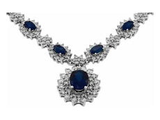 5.90CT DIAMOND & AAA SAPPHIRE 14KT WHITE GOLD ROUND & OVAL MULTI FLOWER NECKLACE|WC4683S-1