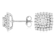 1.0CT DIAMOND 14KT WHITE GOLD 3D CLASSIC FLOWER SQUARE DOUBLE HALO STUD EARRINGS
