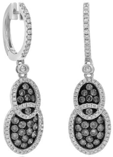 1.49CT WHITE & BLACK DIAMOND 14KT WHITE GOLD DOUBLE OVAL HUGGIE HANGING EARRINGS