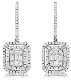 .72CT DIAMOND 14KT WHITE GOLD 3D ROUND & BAGUETTE DOUBLE HALO HANGING EARRINGS