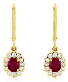 1.13CT DIAMOND & AAA RUBY 14K YELLOW GOLD FLOWER OVAL LEVERBACK HANGING EARRINGS