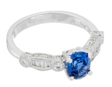 1.68CT DIAMOND & AAA SAPPHIRE 18K WHITE GOLD ROUND & BAGUETTE 3D ENGAGEMENT RING