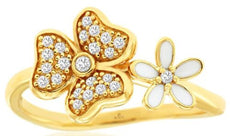 .14CT DIAMOND & WHITE ENAMEL 14K YELLOW GOLD MULTI HEART DOUBLE FLOWER LOVE RING