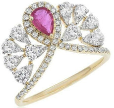 1.50CT DIAMOND & AAA PINK SAPPHIRE 14K YELLOW GOLD PEAR SHAPE SNOWFLAKE FUN RING