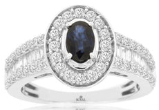 1.65CT DIAMOND & AAA SAPPHIRE 14K WHITE GOLD 3D ROUND & BAGUETTE ENGAGEMENT RING