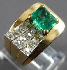ANTIQUE LARGE 1.61CT DIAMOND & AAA COLOMBIAN EMERALD 14K 2 TONE GOLD RING #27823
