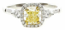 .76CT WHITE & FANCY YELLOW DIAMOND 18KT 2 TONE GOLD CUSHION HALO ENGAGEMENT RING