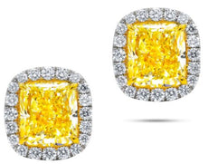 1.99CT WHITE & FANCY YELLOW DIAMOND 3D 18KT 2 TONE GOLD CUSHION & ROUND EARRINGS