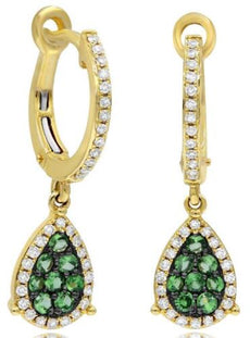 .68CT DIAMOND & AAA GREEN GARNET 14KT YELLOW GOLD 3D CLUSTER TEAR DROP EARRINGS