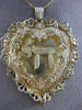 ANTIQUE MASSIVE 14K YELLOW GOLD FILIGREE HEART MAZAL CHAI FLOATING PENDANT 25108