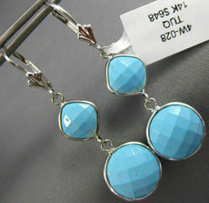 ESTATE AAA TURQUOISE 14K WHITE GOLD SQUARE AND ROUND LEVER BACK HANGING EARRINGS