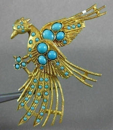ANTIQUE EXTRA LARGE AAA TURQUOISE 18KT YELLOW GOLD 3D FLYING BIRD BROOCH PIN