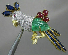 ANTIQUE LARGE 2.75CT MULTI GEM 18KT TWO TONE GOLD 3D HAPPY PARROT BROOCH PIN