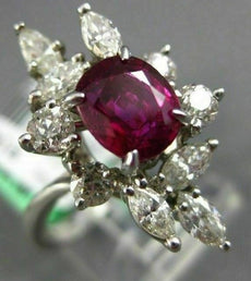 ANTIQUE LARGE 2.30CT DIAMOND & AAA RUBY 18KT WHITE GOLD 3D OVAL FLOWER FUN RING