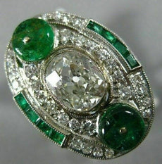 ANTIQUE LARGE 2.25CT OLD MINE DIAMOND & AAA EMERALD 18K 2 TONE GOLD 3 STONE RING