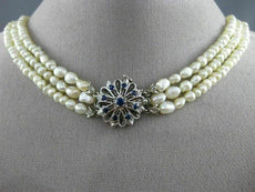 ANTIQUE .50CT AAA SAPPHIRE & BAHRAIN PEARL 18K WHITE GOLD CHOKER NECKLACE #25833