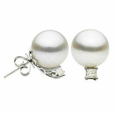 ESTATE LARGE .40CT DIAMOND & AAA SOUTH SEA PEARL 18K WHITE GOLD 3D STUD EARRINGS
