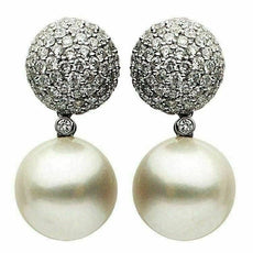 ESTATE LARGE 1.56CT DIAMOND & AAA SOUTH SEA PEARL 18KT WHITE GOLD PAVE EARRINGS