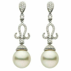 ESTATE LARGE 1.04CT DIAMOND & SOUTH SEA PEARL 18KT WHITE GOLD TEAR DROP EARRINGS