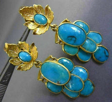 ANTIQUE LARGE TURQUOISE 18K YELLOW GOLD HANDCRAFTED OVAL FLOWER CLIP ON EARRINGS