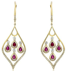 1.79CT DIAMOND & AAA RUBY 14KT YELLOW GOLD ROUND & PEAR SHAPE HANGING EARRINGS
