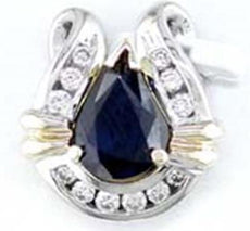 1.45CT DIAMOND & AAA SAPPHIRE 14K 2 TONE GOLD PEAR SHAPE LUCKY HORSESHOE PENDANT