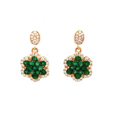 1.59CT DIAMOND & AAA EMERALD 18KT YELLOW GOLD FLOWER STAR DAVID HANGING EARRINGS