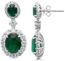 LARGE 8.53CT DIAMOND & AAA EMERALD 18KT WHITE GOLD OVAL & ROUND HANGING EARRINGS