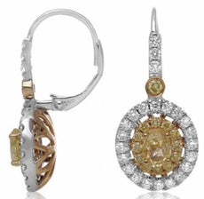 2.24CT WHITE & FANCY YELLOW DIAMOND 18KT 2 TONE GOLD OVAL & ROUND HALO EARRINGS