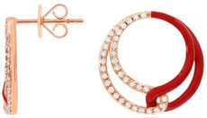 .25CT DIAMOND & RED ENAMEL 14KT ROSE GOLD DOUBLE CIRCULAR LOVE KNOT FUN EARRINGS