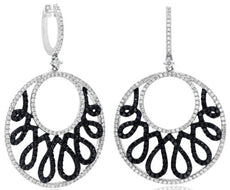 LARGE 2.24CT WHITE & BLACK DIAMOND 14KT WHITE GOLD 3D CIRCULAR HANGING EARRINGS
