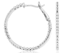 ESTATE .37CT DIAMOND 14KT WHITE GOLD BEADED INSIDE OUT FUN HOOP HANGING EARRINGS