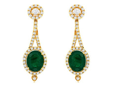 2.83CT DIAMOND & AAA EMERALD 14KT YELLOW GOLD 3D OVAL & ROUND HANGING EARRINGS