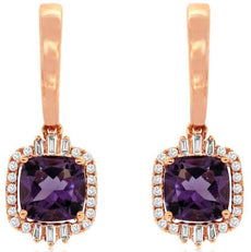 2.89CT DIAMOND & AAA AMETHYST 14K ROSE GOLD 3D CUSHION ROUND & BAGUETTE EARRINGS