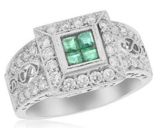 1.06CT DIAMOND & AAA EMERALD 14KT WHITE GOLD ROUND & PRINCESS INVISIBLE FUN RING
