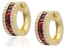 2.60CT DIAMOND & AAA RUBY 18KT ROSE GOLD ROUND & BAGUETTE 3 ROW HUGGIE EARRINGS
