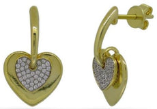 ESTATE .25CT DIAMOND 14KT YELLOW GOLD CLASSIC DOUBLE HEART LOVE HANGING EARRINGS