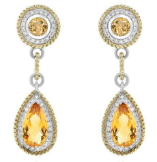 LARGE 10.82CT DIAMOND & AAA CITRINE 14KT 2 TONE GOLD TEAR DROP HANGING EARRINGS