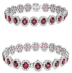 20.68CT DIAMOND & AAA RUBY 18KT WHITE GOLD 3D OVAL & ROUND HALO BANGLE BRACELET